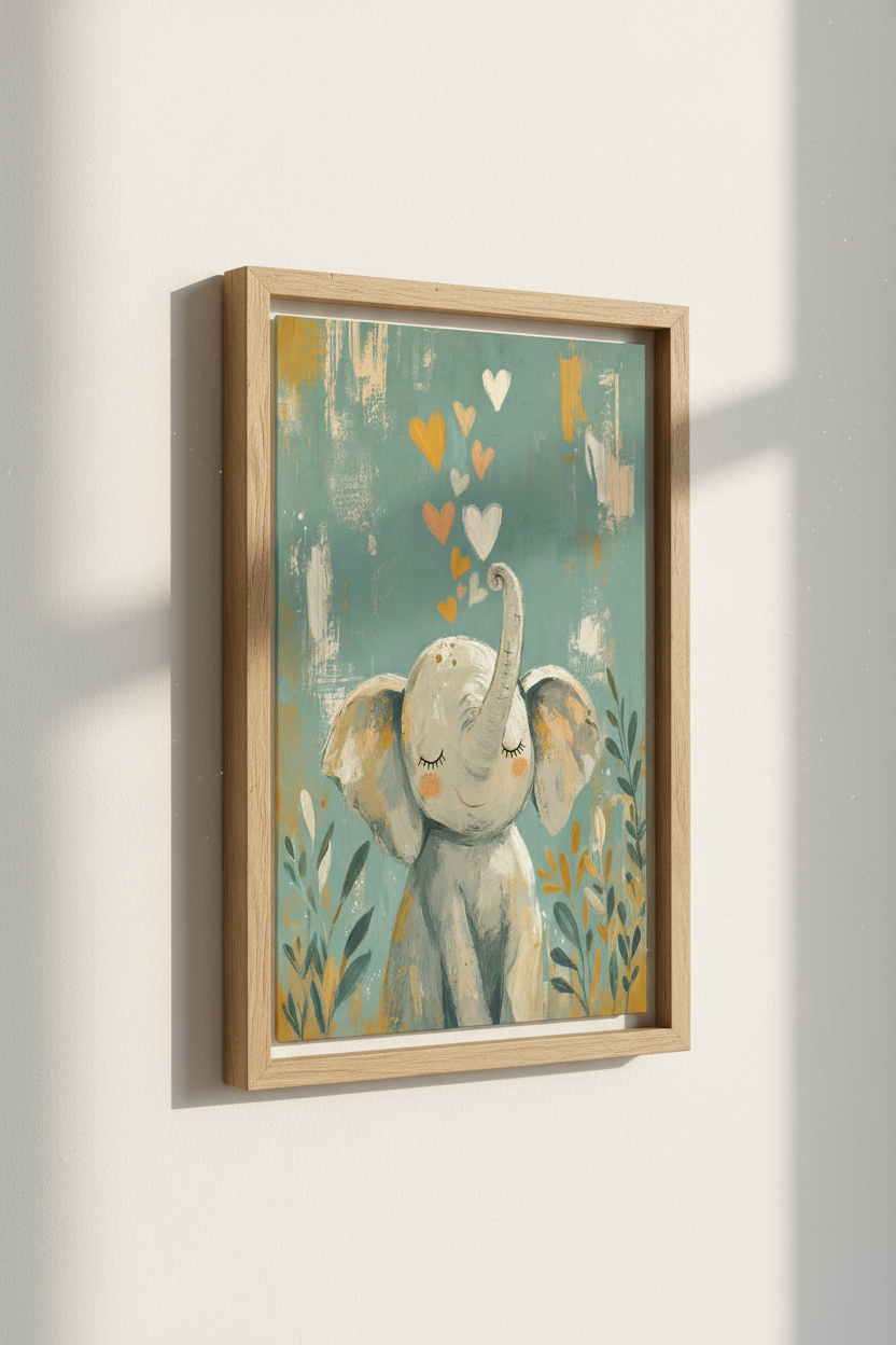 Baby Elephant Hearts Wall Art | Sage Green Nursery Decor | Boho Animal Poster