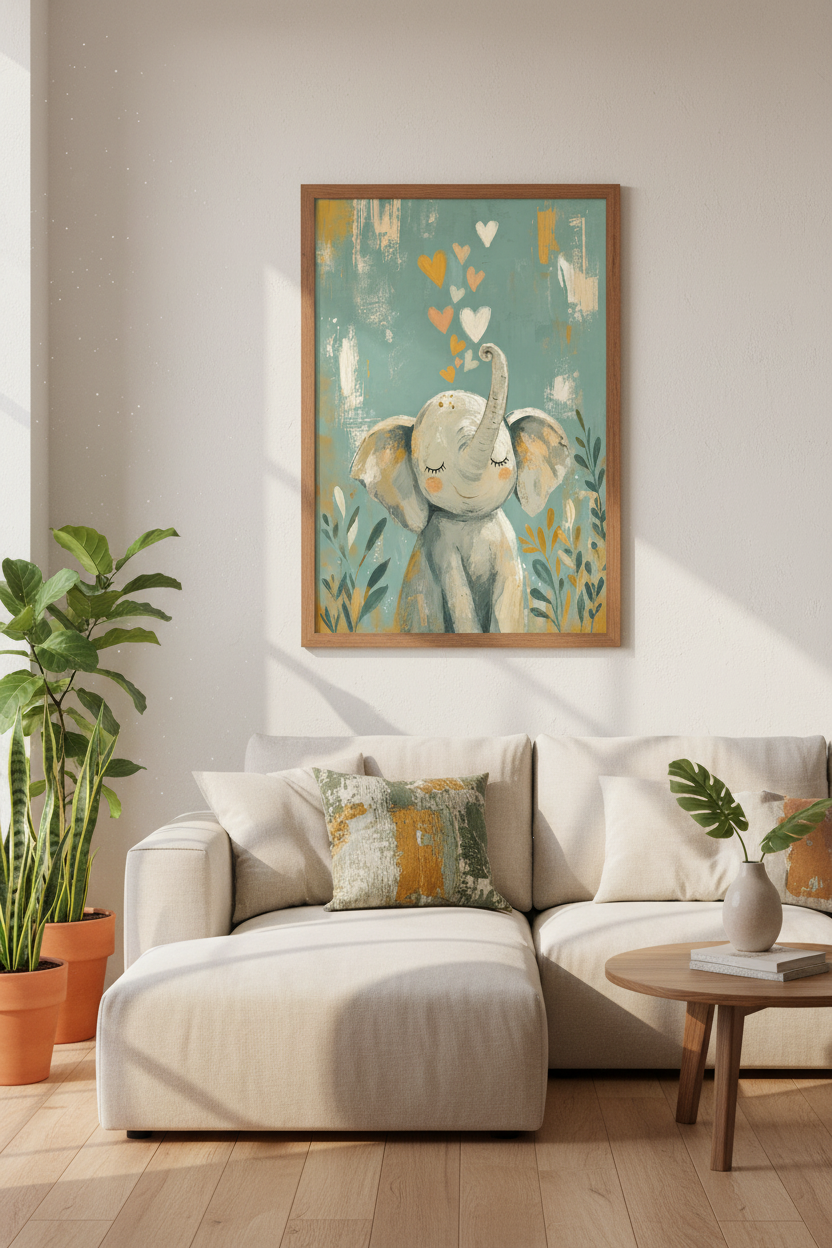 Baby Elephant Hearts Wall Art | Sage Green Nursery Decor | Boho Animal Poster