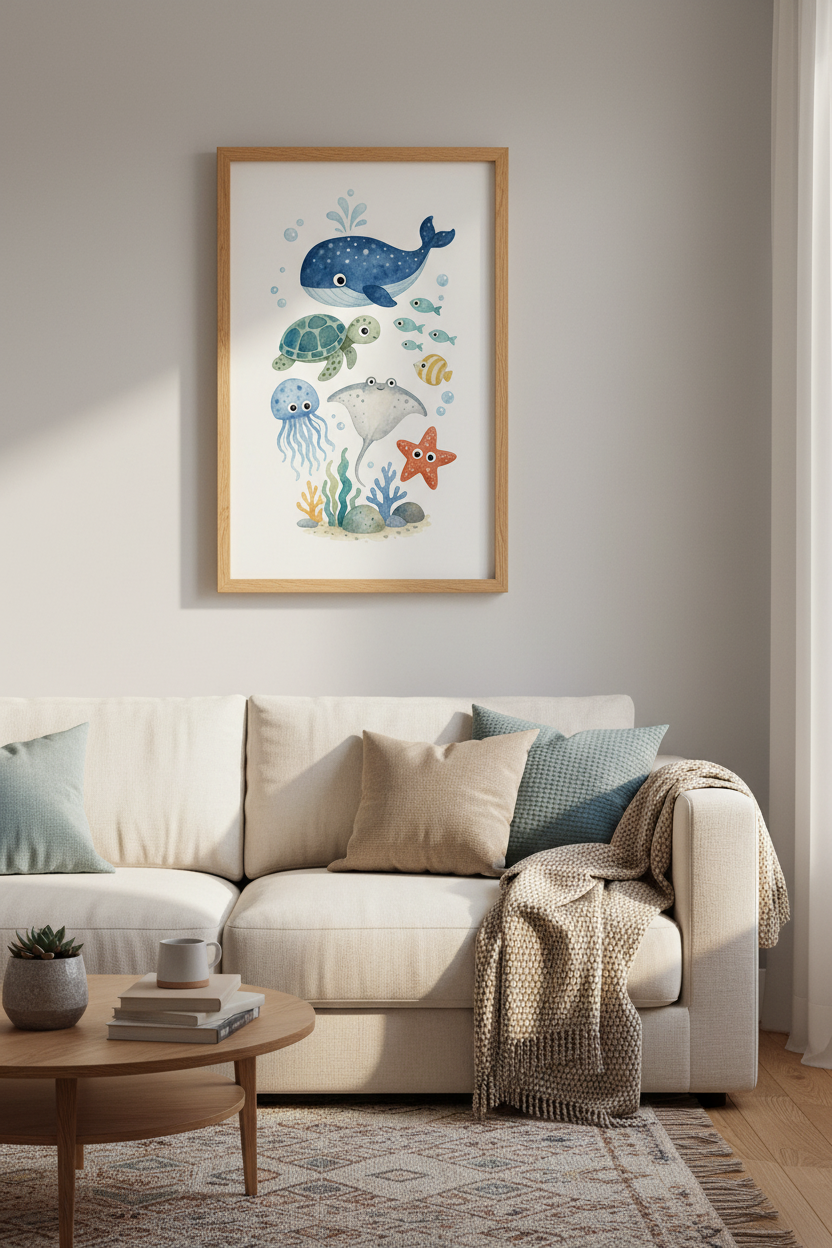 Watercolor Ocean Animals Wall Art | Nursery Decor | Whale Sea Turtle Poster