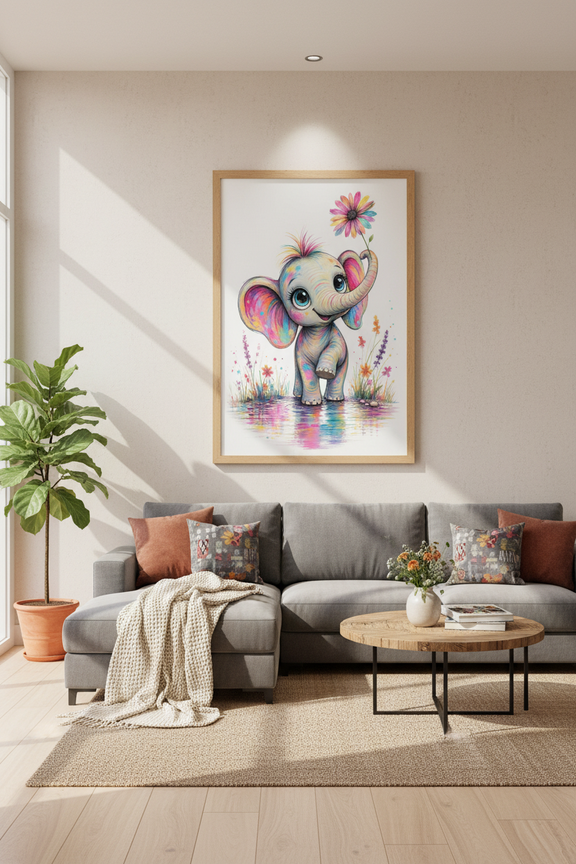 Baby Elephant Wall Art | Colorful Nursery Decor | Whimsical Animal Poster