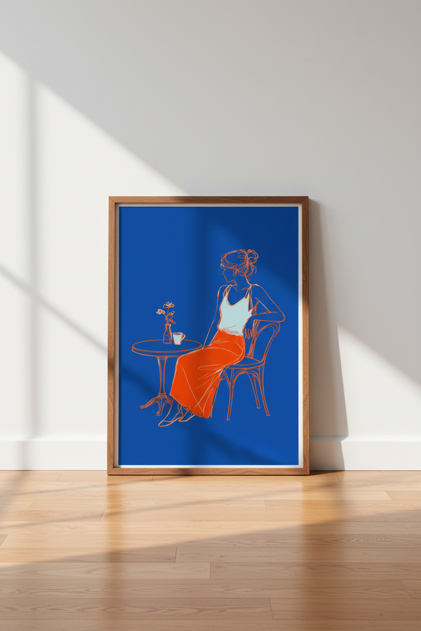 Minimalist Cafe Woman Wall Art | Blue & Orange Sketch, Modern Home Decor