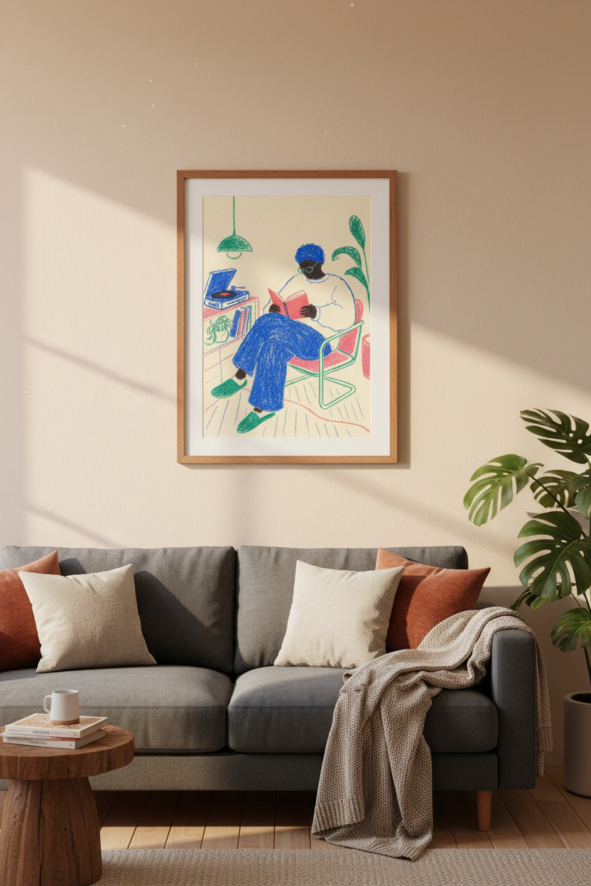 Reading Man Wall Art Print | Music & Books Room Decor | Modern Aesthetic Poster