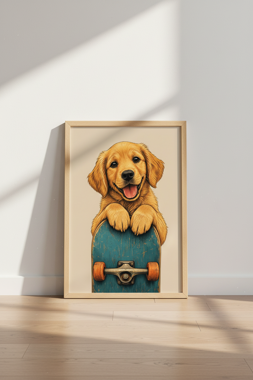 Golden Retriever Dog Art Print | Skateboard Puppy Poster | Nursery & Playroom Wall Decor