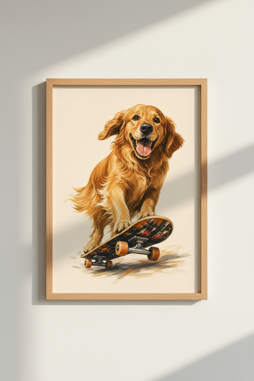 Golden Retriever Art Print | Dog on Skateboard Poster, Nursery & Kids Room Wall Decor