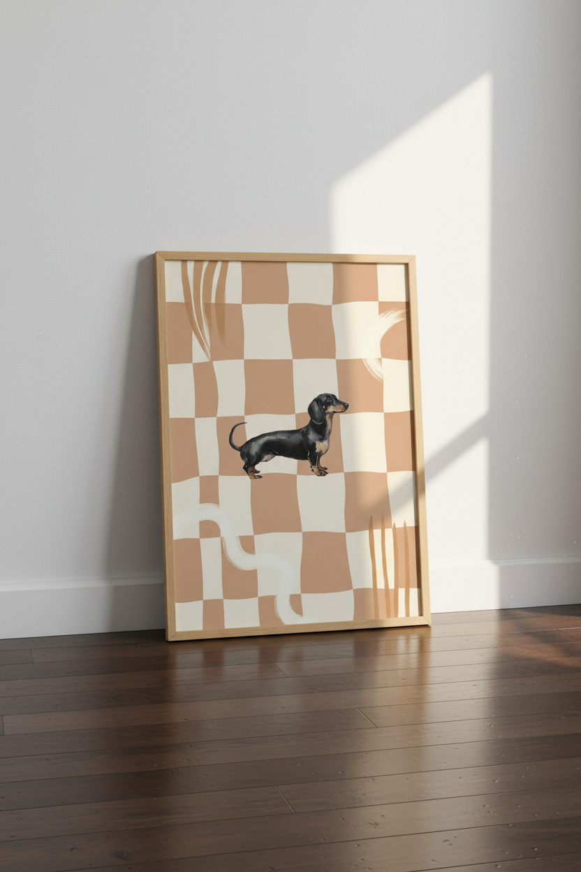 Dachshund Wall Art | Wavy Checkered Retro Dog Poster, Neutral Living Room Decor