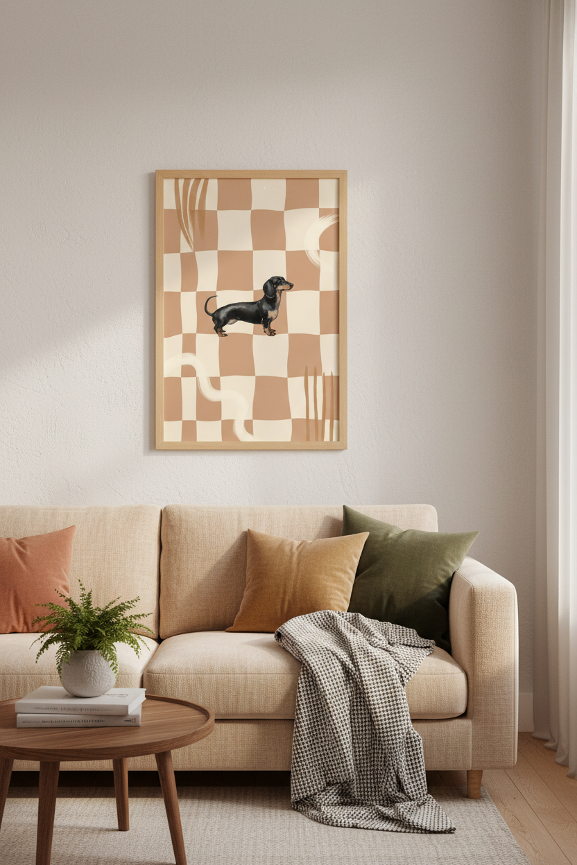 Dachshund Wall Art | Wavy Checkered Retro Dog Poster, Neutral Living Room Decor
