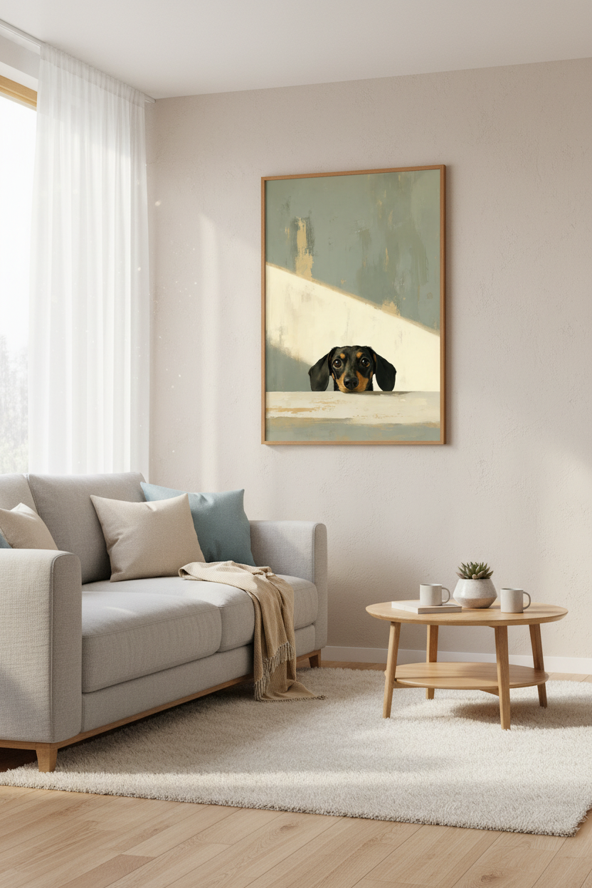 Peeking Dachshund | Oil Paint Style Wiener Dog Print, Neutral Home Decor