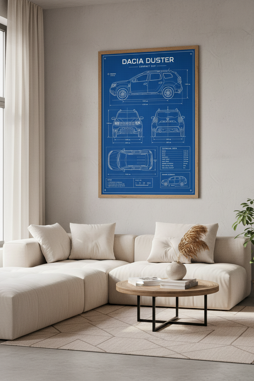 Dacia Duster SUV Blueprint Wall Art | Garage Decor | Industrial Car Poster