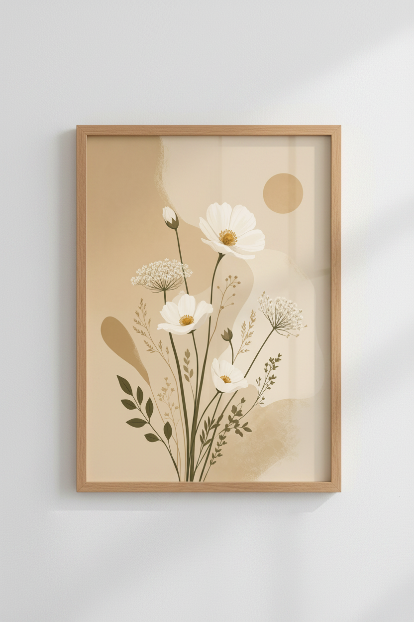 Neutral Wildflower Wall Art Print | Beige Botanical Decor | Boho Minimalist Poster