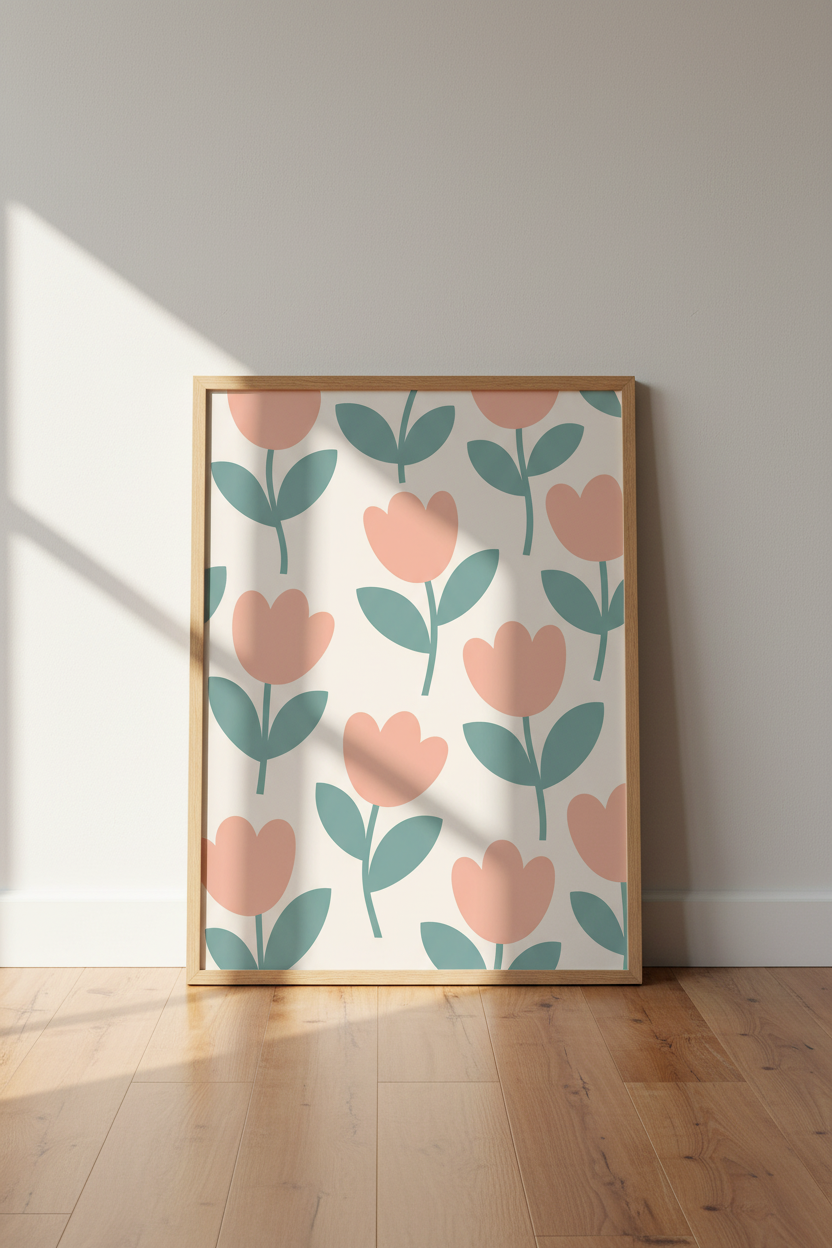 Tulip Floral Art Print | Pink & Sage Minimalist Poster, Nursery & Bedroom Decor