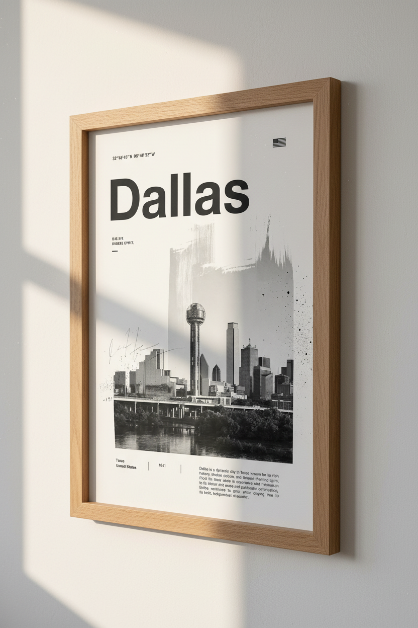 Dallas Texas Skyline Wall Art | Modern Minimalist Poster | Black and White City Decor