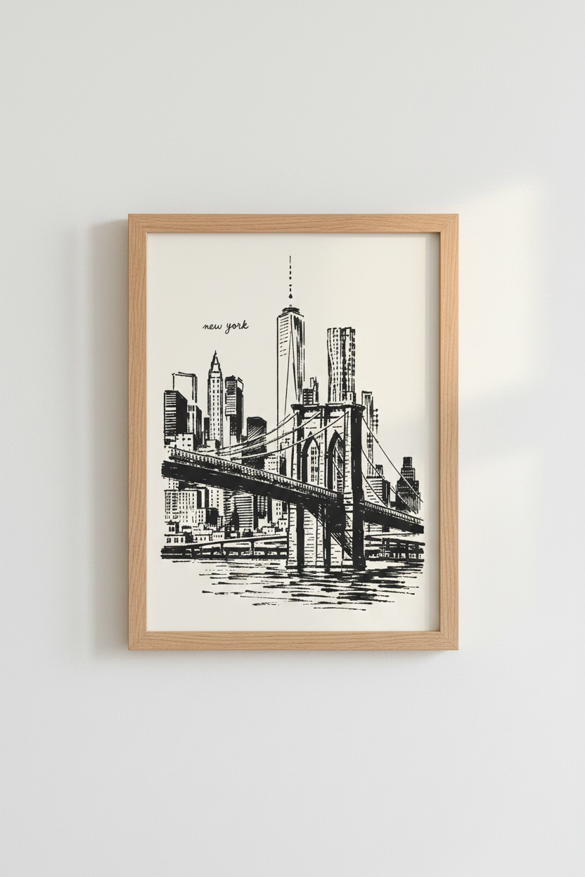 NY City Sketch Wall Art Print | Brooklyn Bridge Skyline, Minimalist NYC Poster