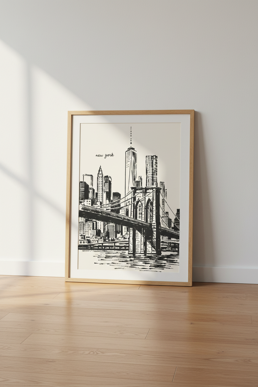 NY City Sketch Wall Art Print | Brooklyn Bridge Skyline, Minimalist NYC Poster