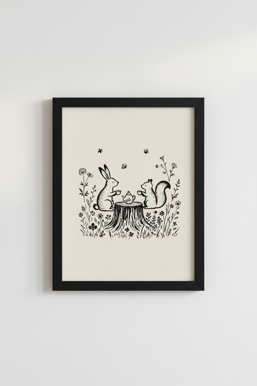 Rabbit Squirrel Tea Party Wall Art | Woodland Nursery Decor | Whimsical Sketch Poster