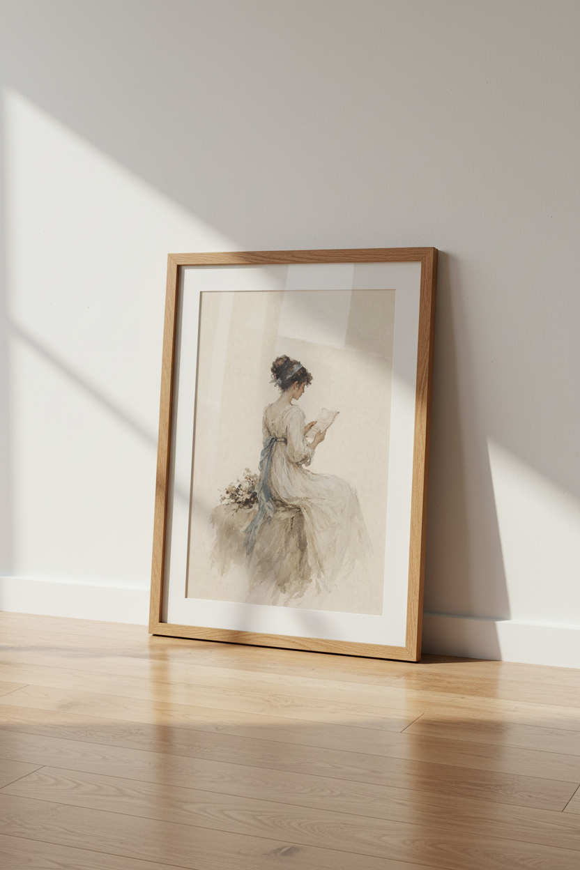 Woman Reading Letter Art | Regency Style Watercolor, Dark Academia Decor