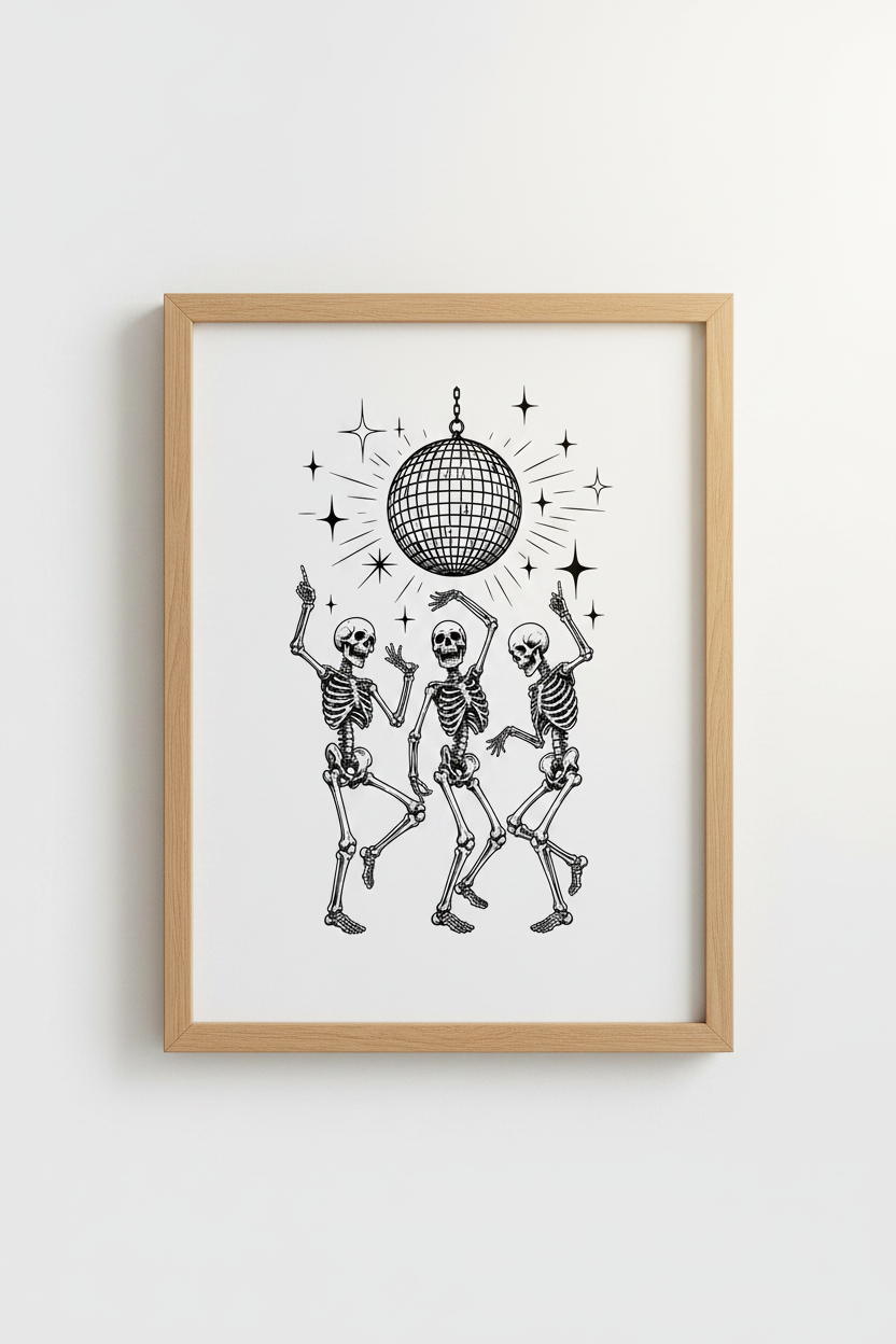 Disco Skeleton Art Print | Retro Gothic Home Decor | Funky Celestial Poster