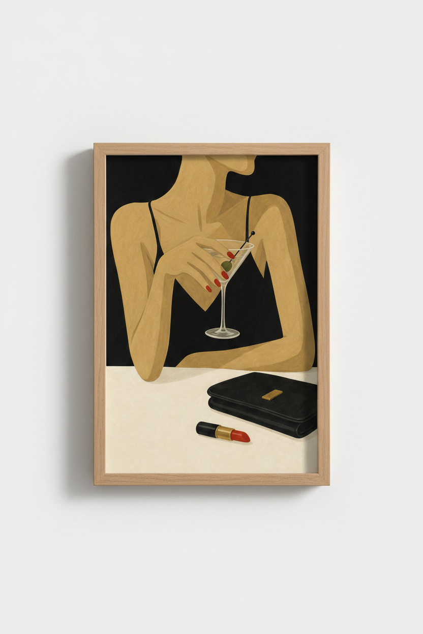 Modern Line Art | Woman with Martini Wall Print | Living Room Decor