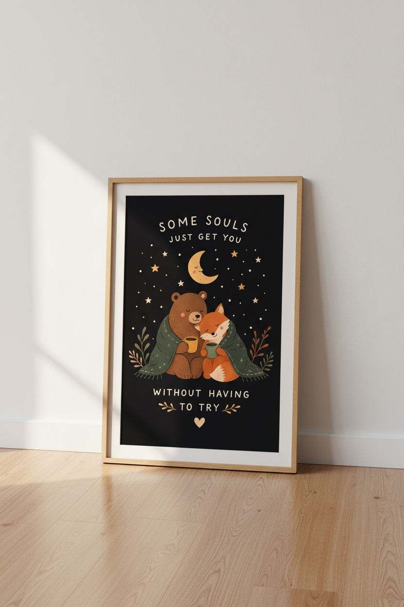 Woodland wall art | Cozy bear and fox night sky decor for living room
