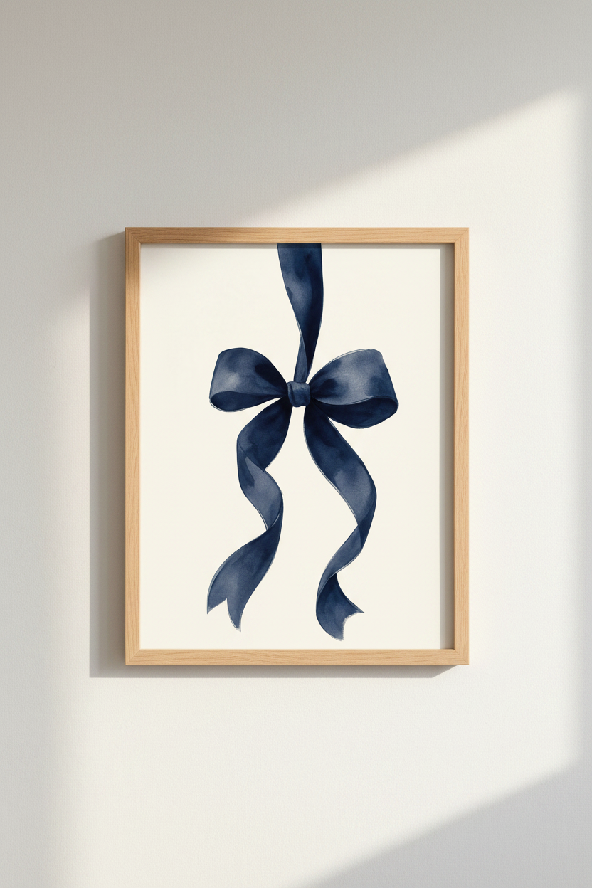 Navy Blue Bow Watercolor Print | Coquette Bedroom Decor | Preppy Ribbon Poster