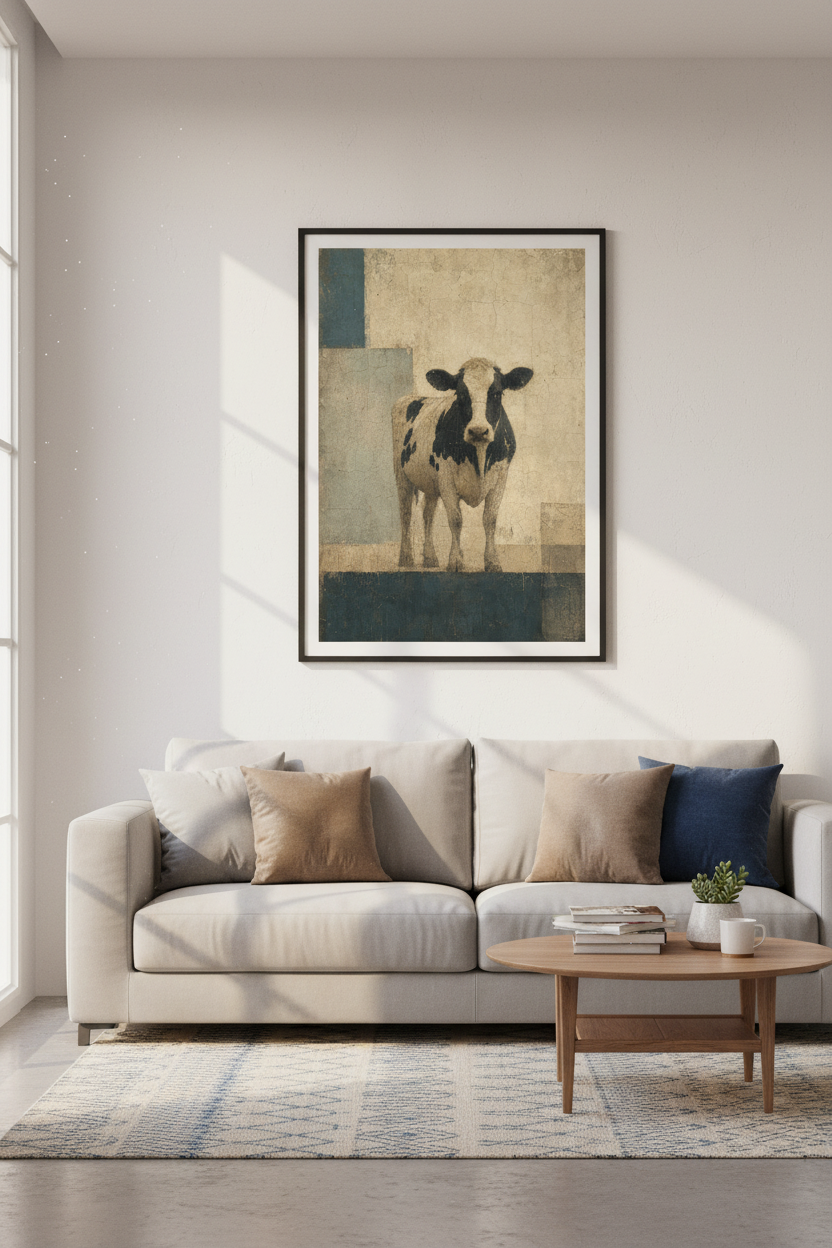 Abstract Cow Wall Art | Rustic Modern Farmhouse Decor | Blue & Beige Poster