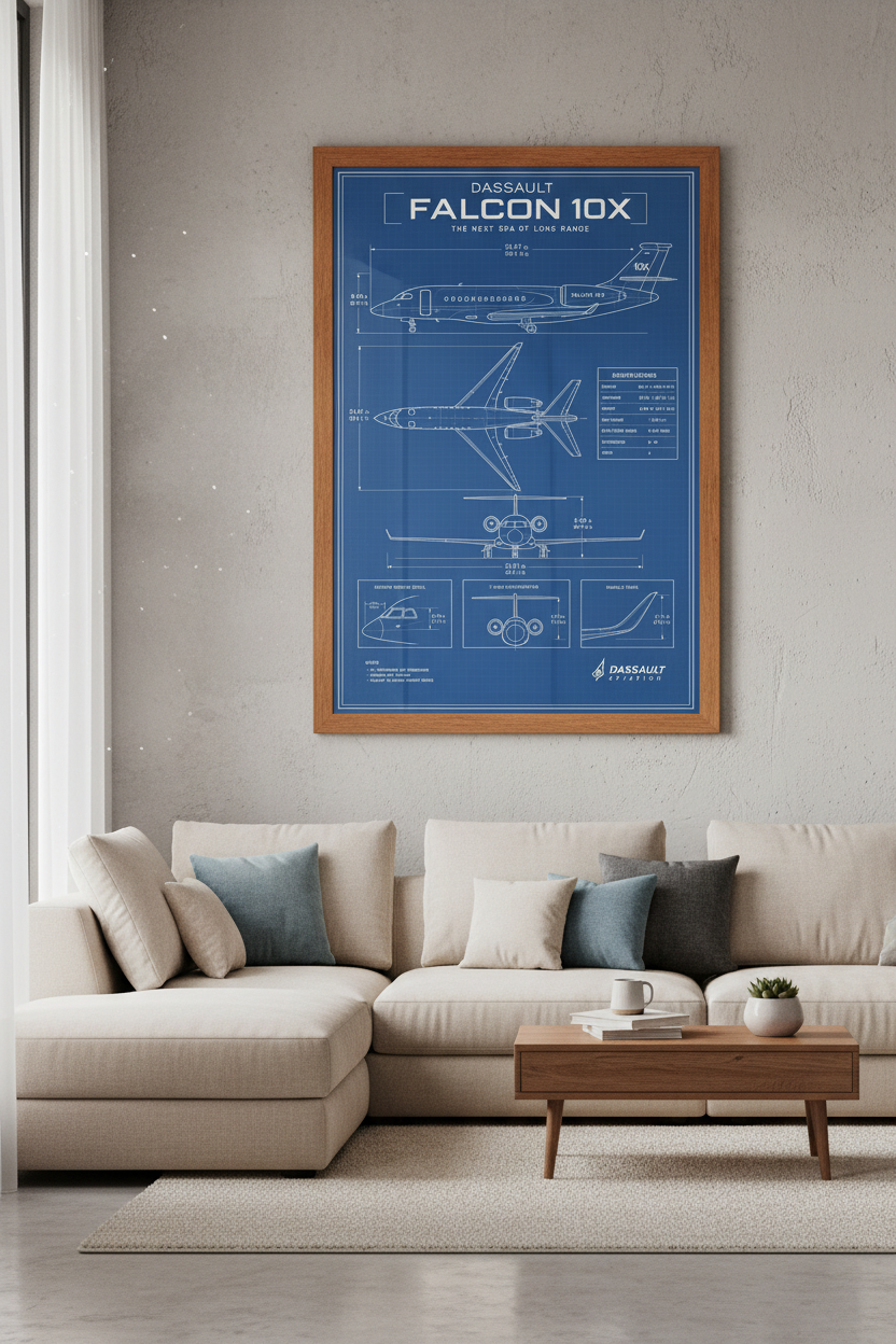 Dassault Falcon 10X Blueprint Wall Art | Pilot Gift | Airplane Poster