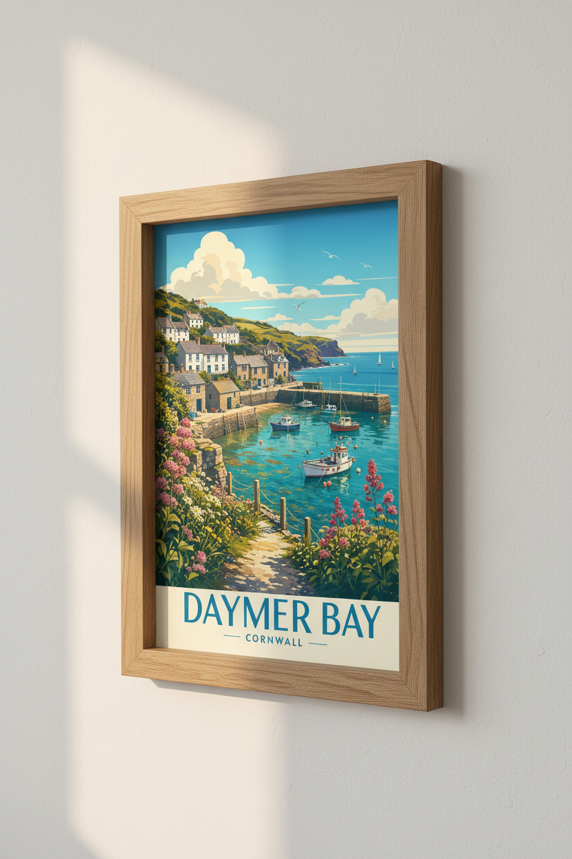 Daymer Bay Cornwall Travel Poster | Coastal Landscape Wall Art | Vibrant Seaside Decor