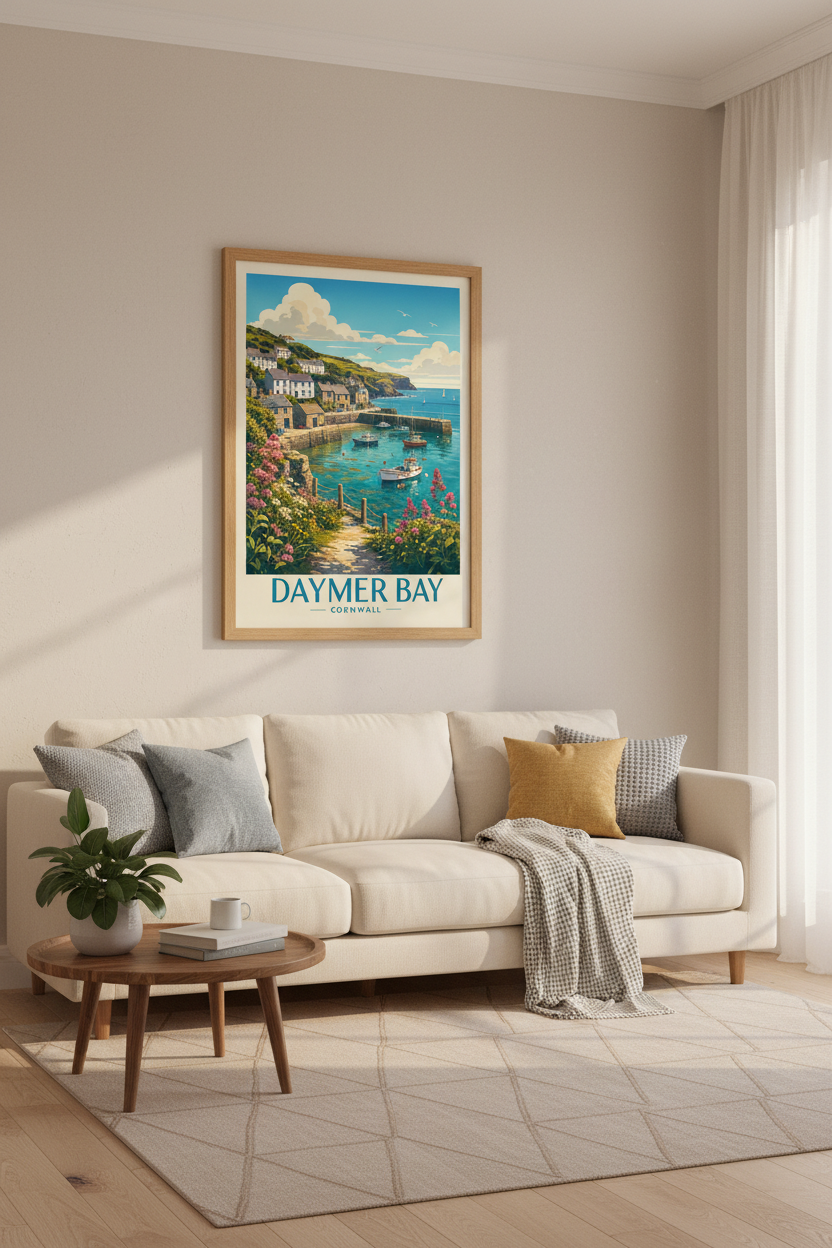 Daymer Bay Cornwall Travel Poster | Coastal Landscape Wall Art | Vibrant Seaside Decor