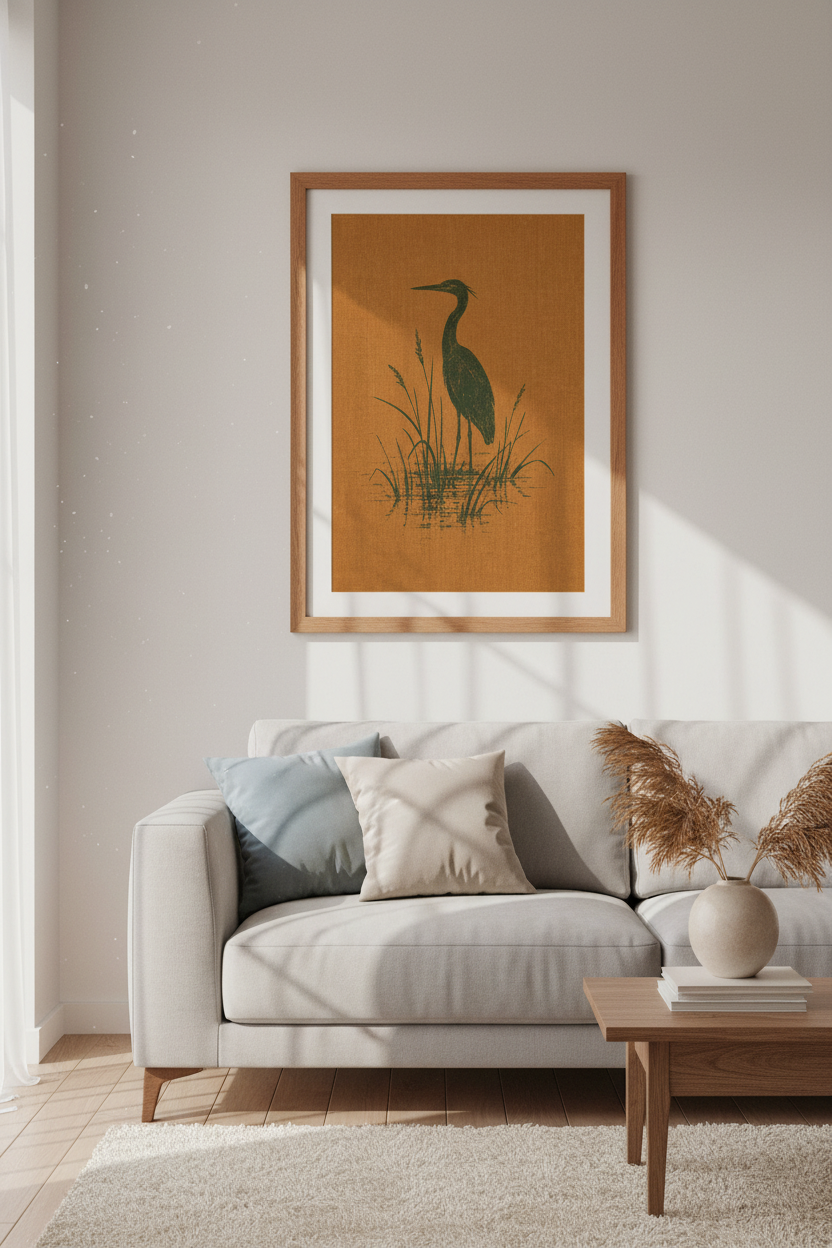 Heron Bird Wall Art | Rust Orange Nature Poster | Coastal Modern Decor Art