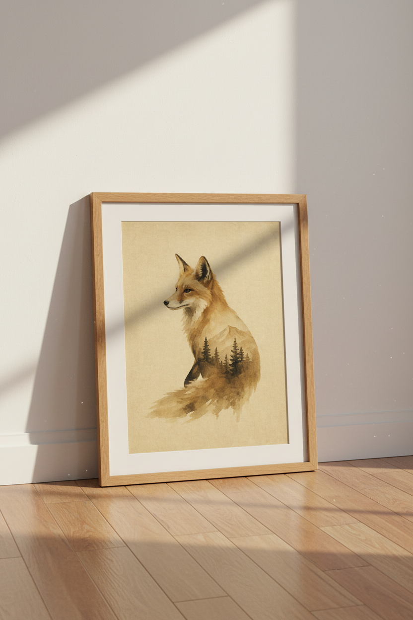 Fox Mountain Landscape Wall Art | Watercolor Rustic Decor | Woodland Poster