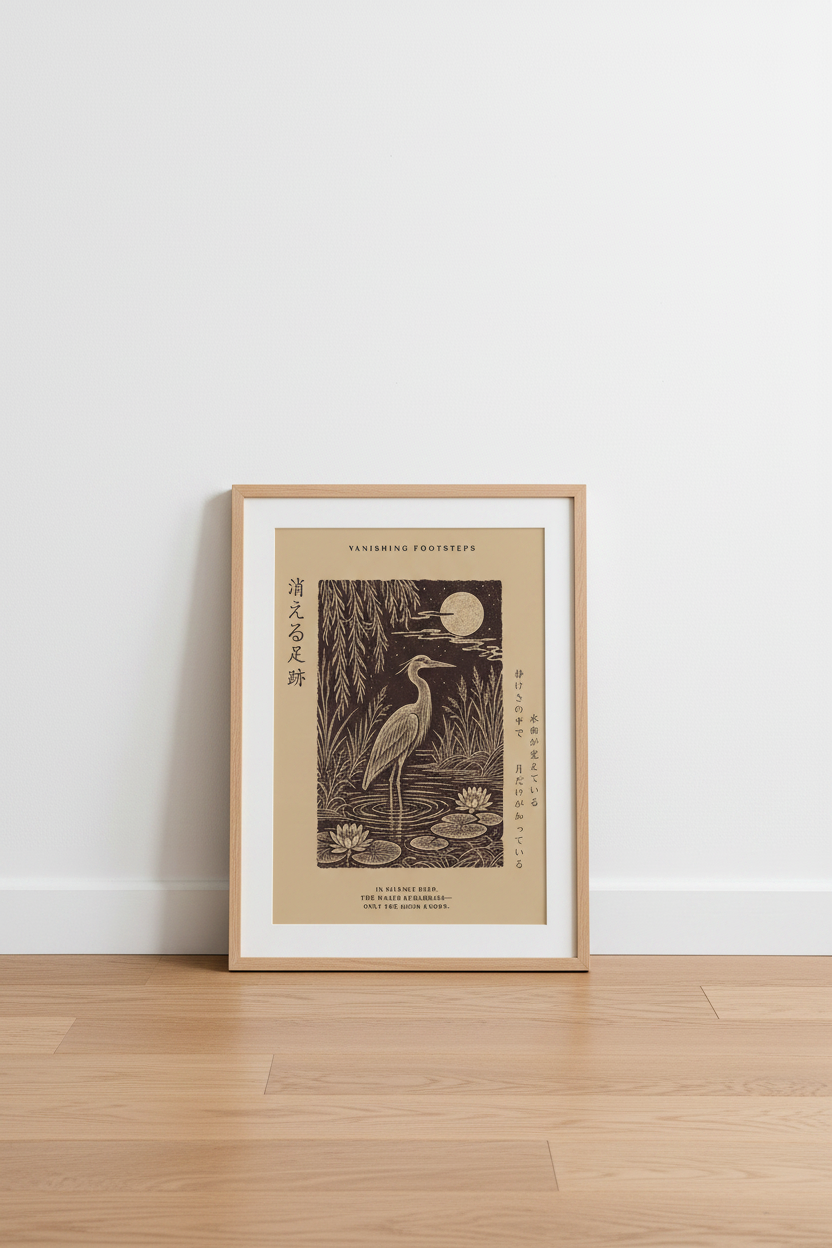 Japanese woodblock | Moonlit heron decor, earthy tones | Living room poster