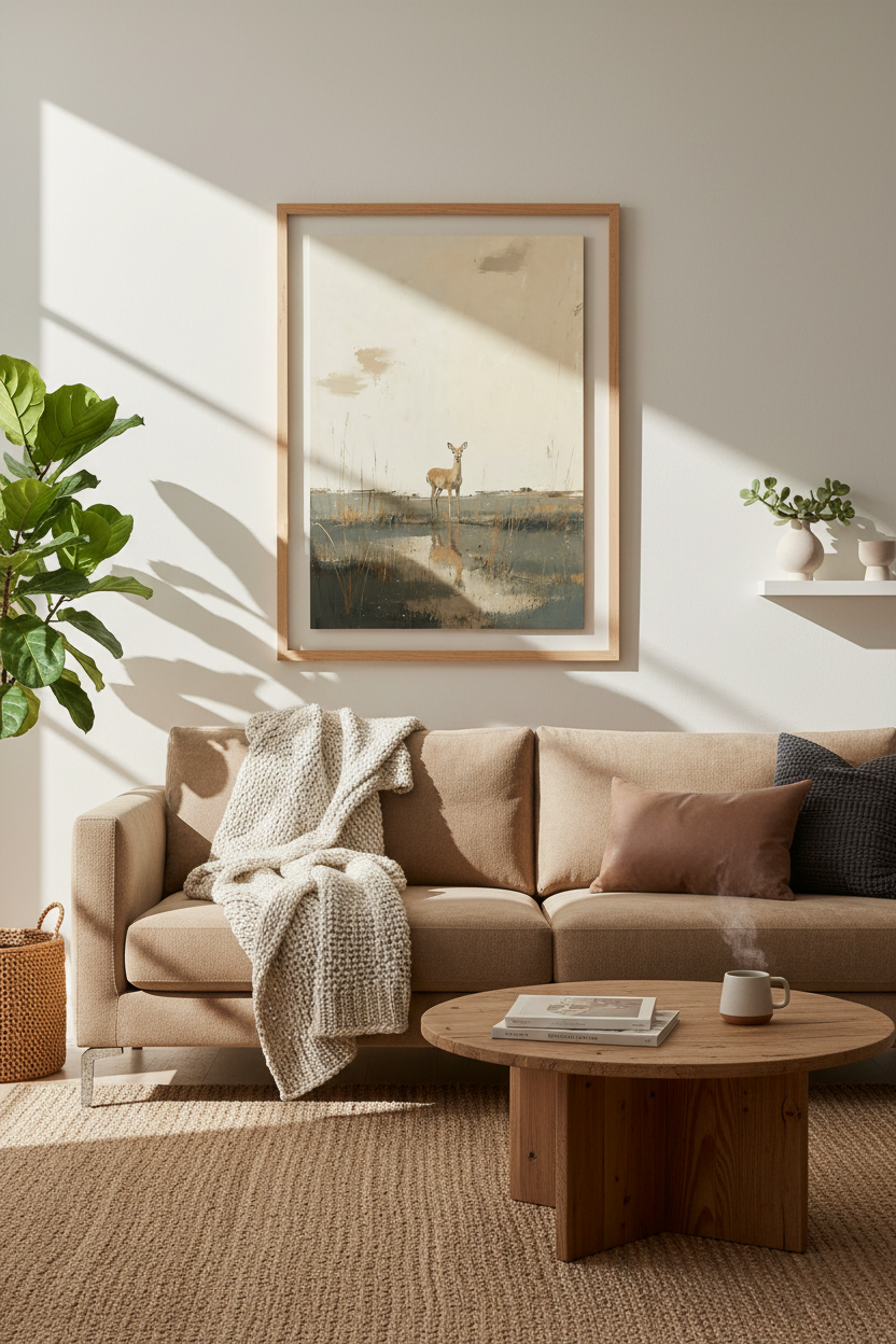 Deer Reflection Wall Art Print | Neutral Landscape | Minimalist Woodland Poster