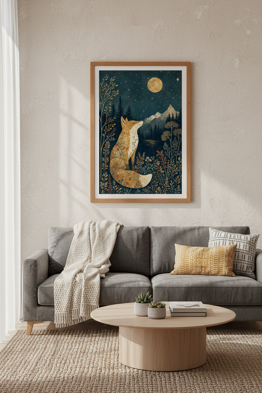 Celestial Fox Wall Art | Floral Folk Art Navy & Gold Poster, Bedroom Decor