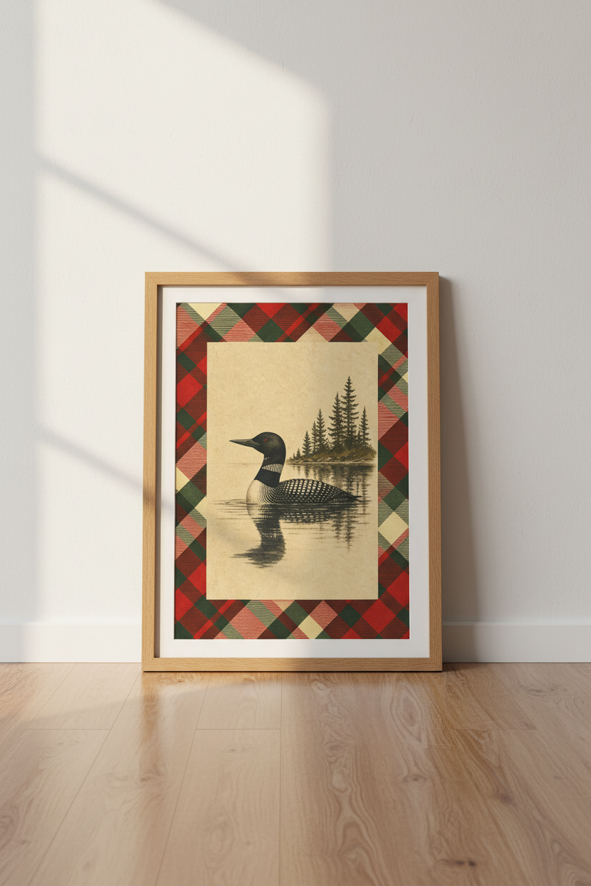 Common Loon Wall Art | Rustic Plaid Lodge Decor, Cabin Lake House Poster
