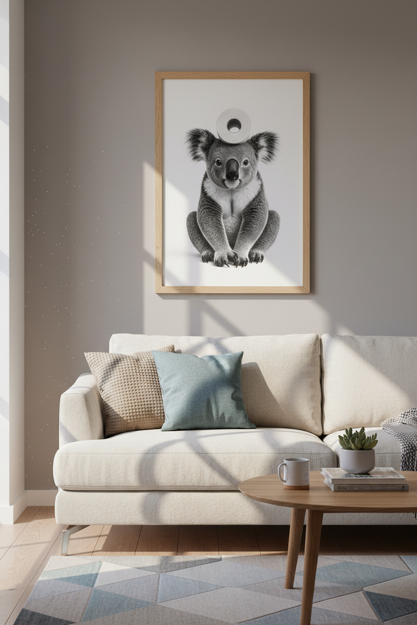 Funny Koala Toilet Paper Wall Art | Black White Bathroom Decor | Minimalist Poster