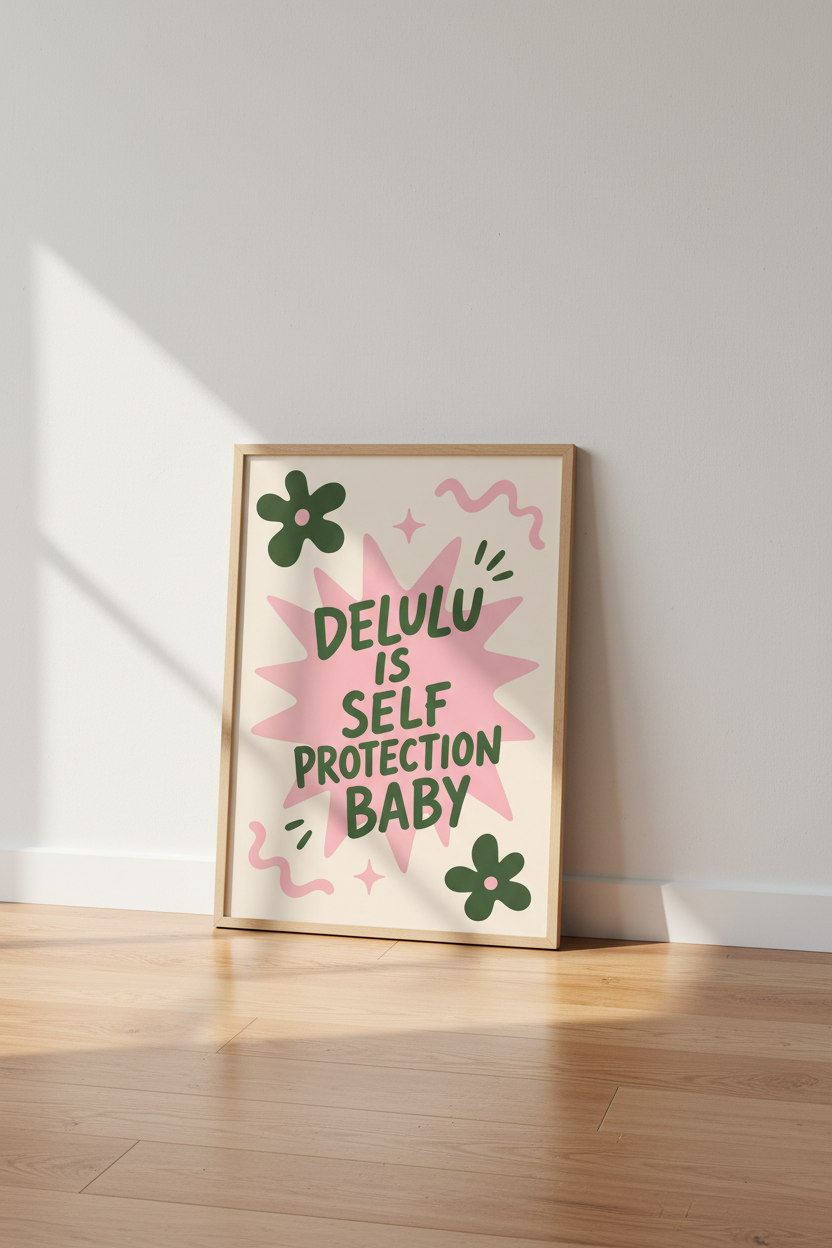 Delulu Is Self Protection Wall Art | Retro Pink Sage Decor | Trendy Quote Poster