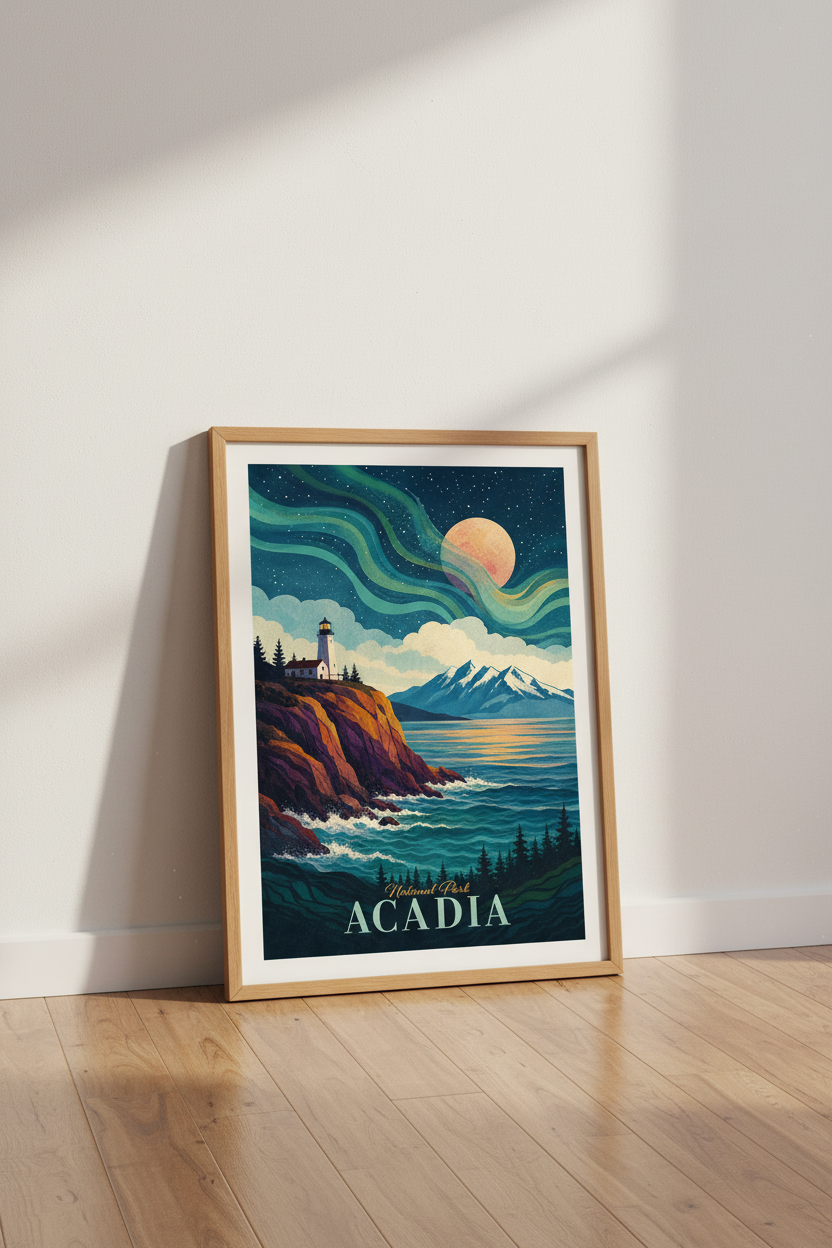 Acadia National Park Print | Aurora Lighthouse Landscape, Maine Coast Decor