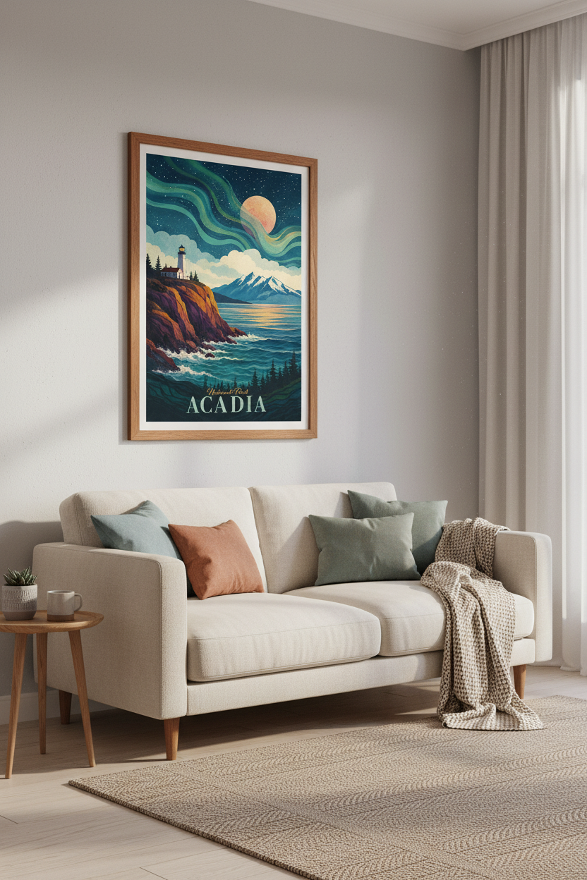 Acadia National Park Print | Aurora Lighthouse Landscape, Maine Coast Decor
