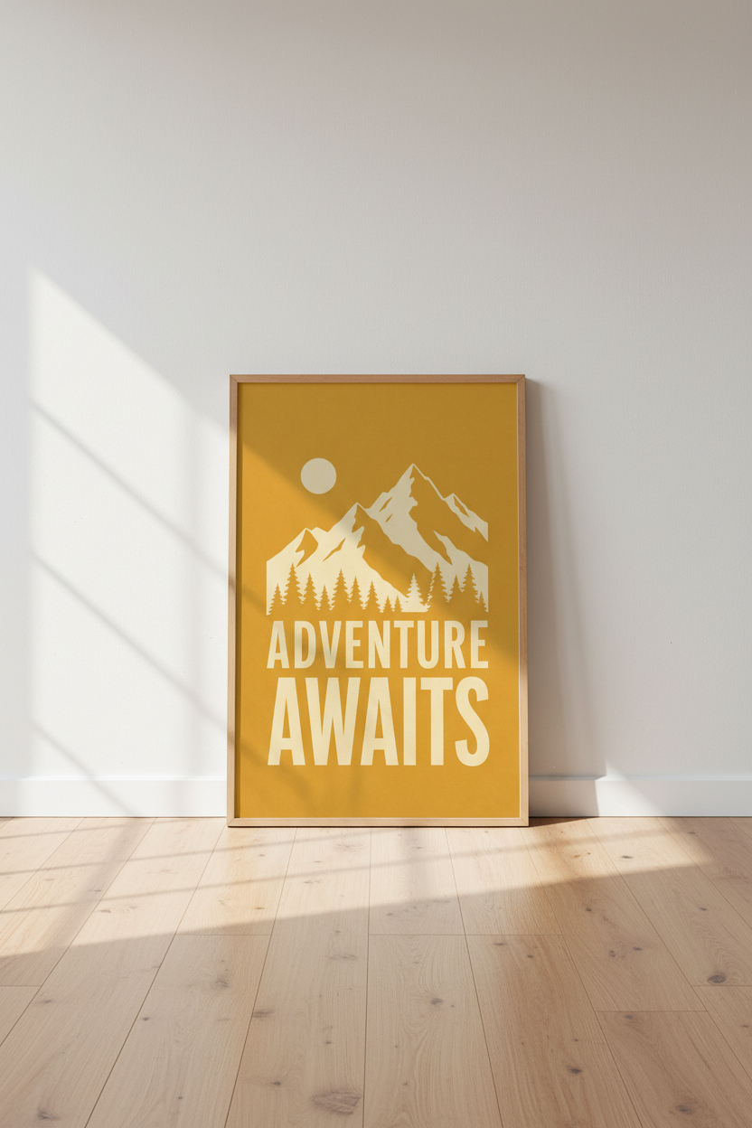 Adventure Awaits Mountain Wall Art Print | Mustard Office Decor | Minimalist Poster