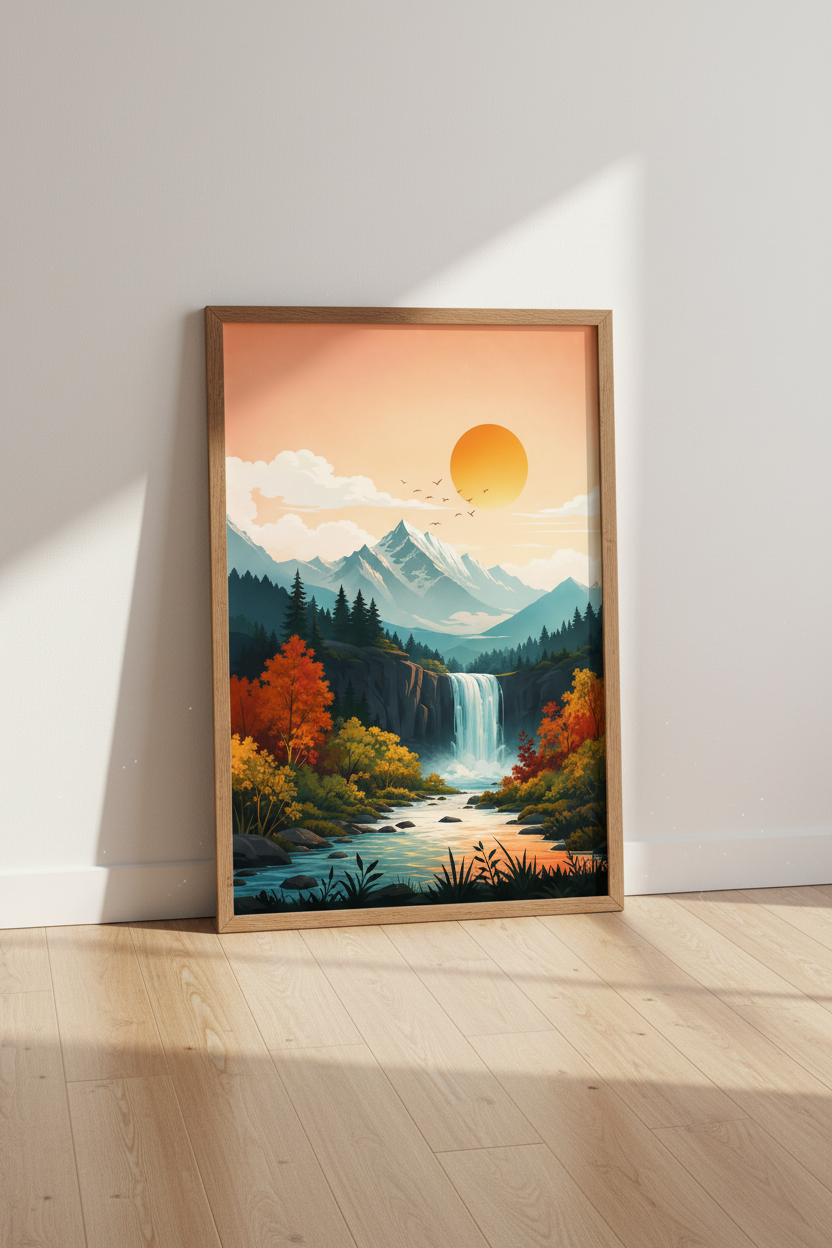 Mountain Waterfall Wall Art | Nature Sunset Poster, Living Room Decor