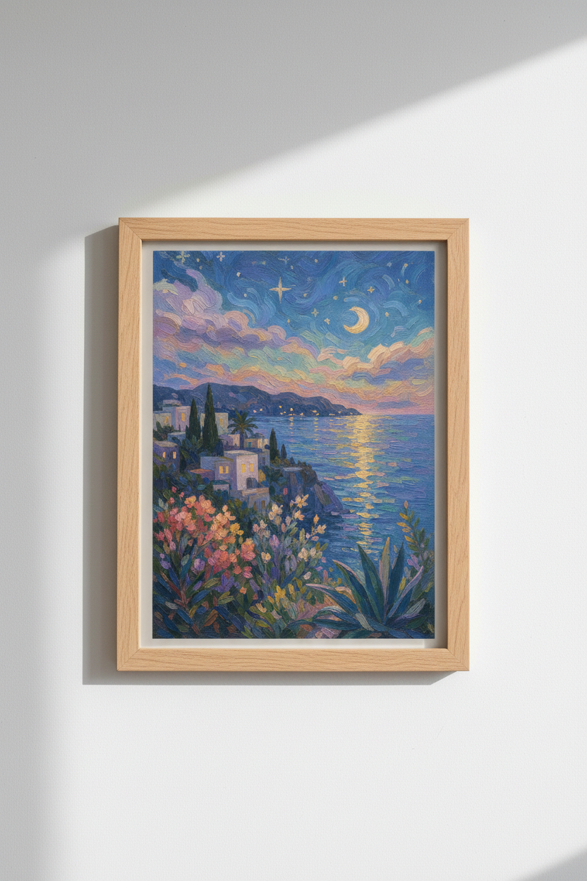 Mediterranean Impressionist Art | Coastal Italy Poster, Moonlit Sea Wall Art Print