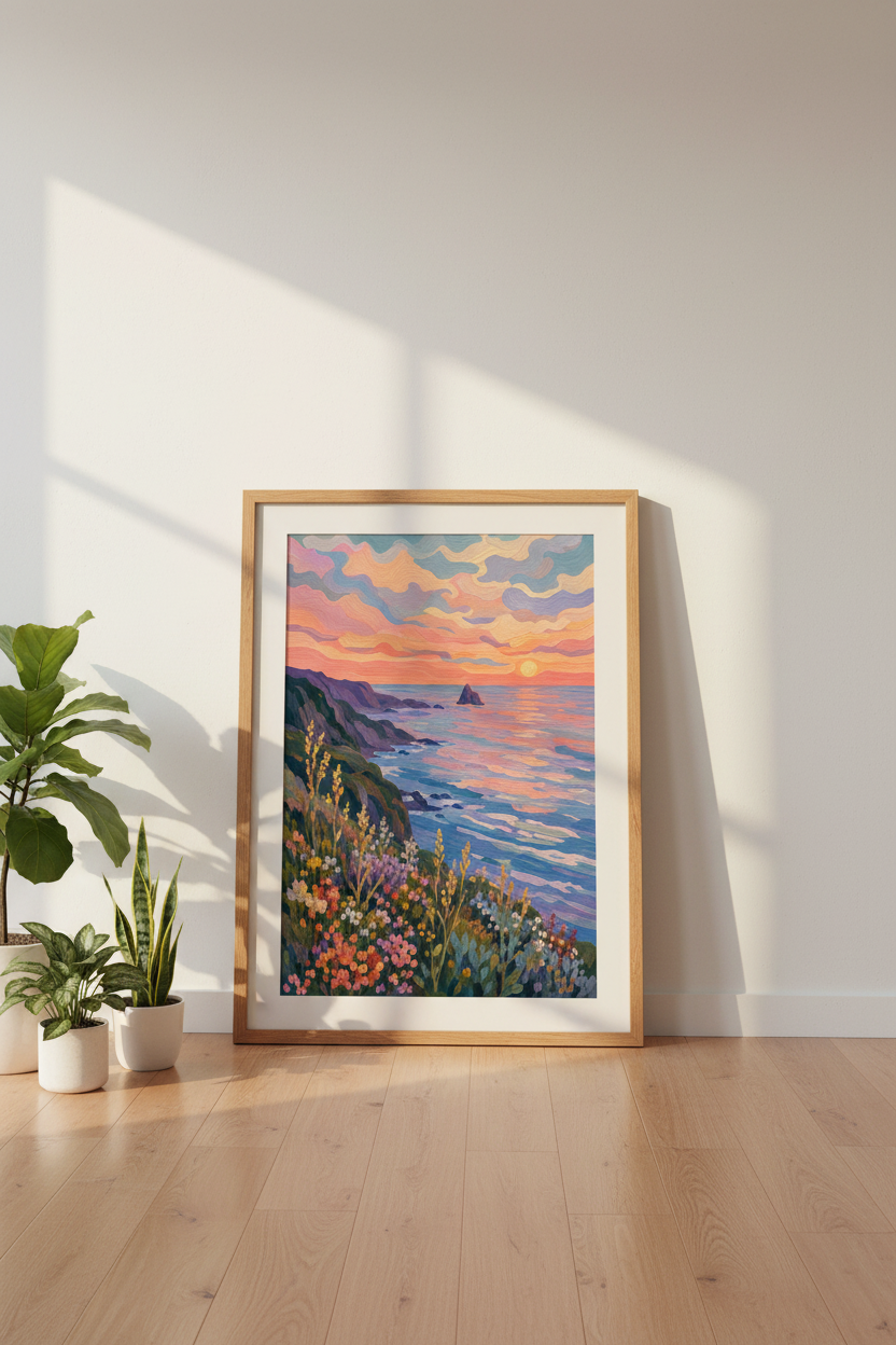 Impressionist Coastal Wall Art Print | Sunset Beach Poster | Colorful Ocean Decor