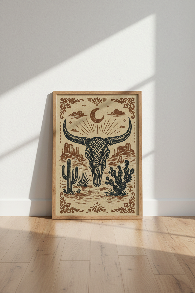Western Bull Skull Wall Art | Desert Southwest Decor | Rustic Boho Poster