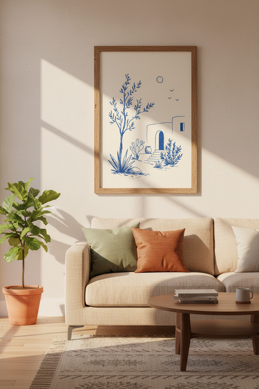 Mediterranean Landscape Wall Art | Blue Line Art Print, Coastal Home Decor