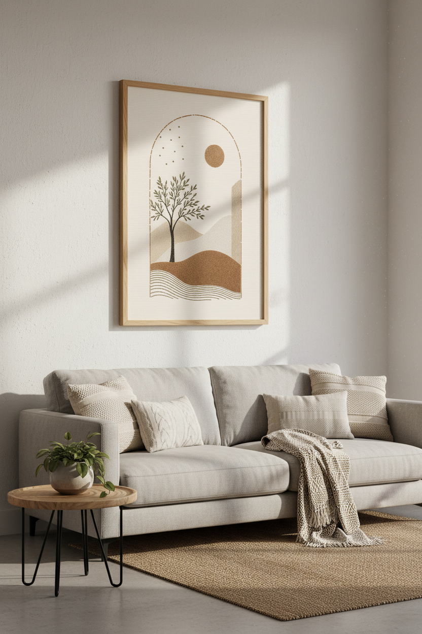 Boho Texture Landscape Art | Earth Tone Minimalist Tree, Living Room Decor