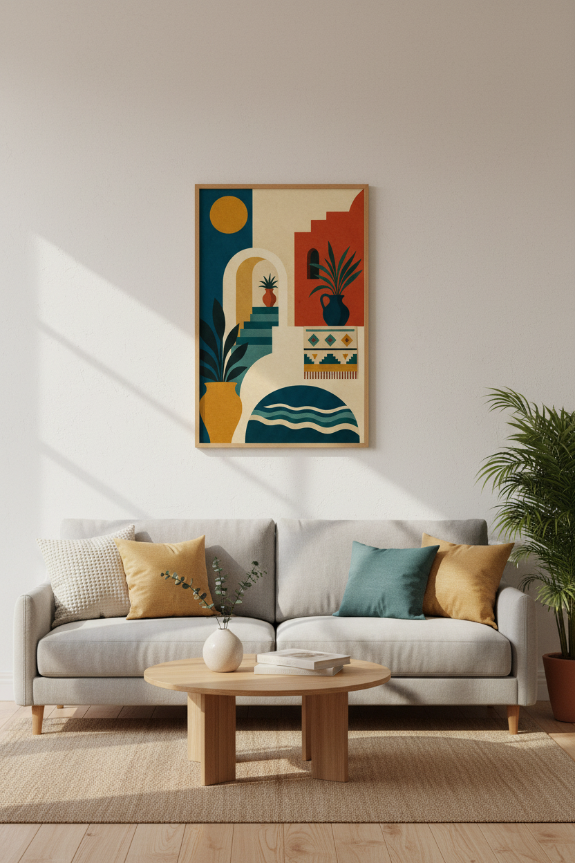 Mediterranean Staircase Art | Terracotta Boho Wall Decor, Minimalist Greek Poster