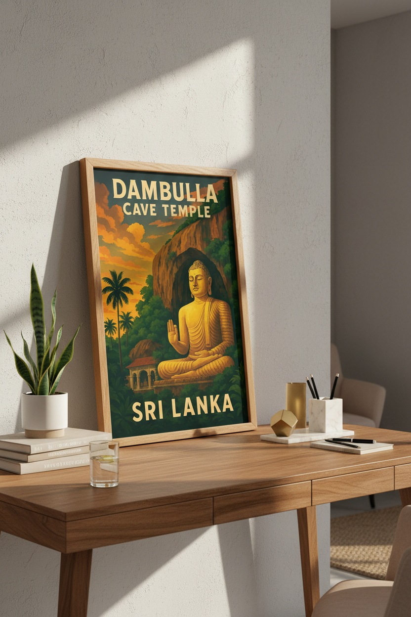 Retro Travel Dambulla Cave Temple Wall Art Print | Boho Living Room Decor | Sri Lanka Buddha Poster Gift
