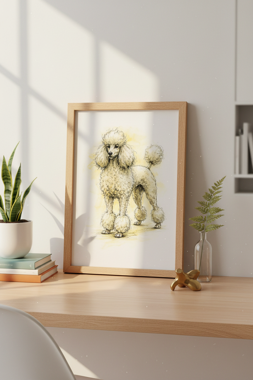 Watercolor Doodle Poodle Wall Art Print | Dog Lover Decor | Cute Pet Animal Poster | Sketchy Beige Golden Puppy Room Art