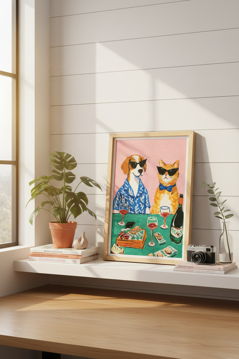 Funky Pet Friends Wall Art Print | Eclectic Bar Decor | Vibrant Aesthetic Poster | Dog Cat Sunglasses Wine | Maximalist Gift