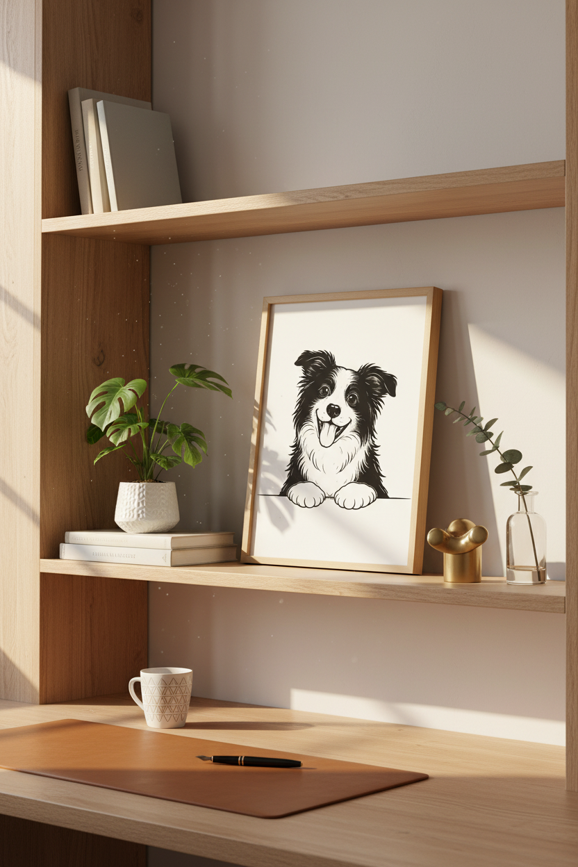 Cartoon Border Collie Wall Art Print | Dog Lover Decor | Cute Pet Poster | Nursery Playroom Art | Black White Animal Gift
