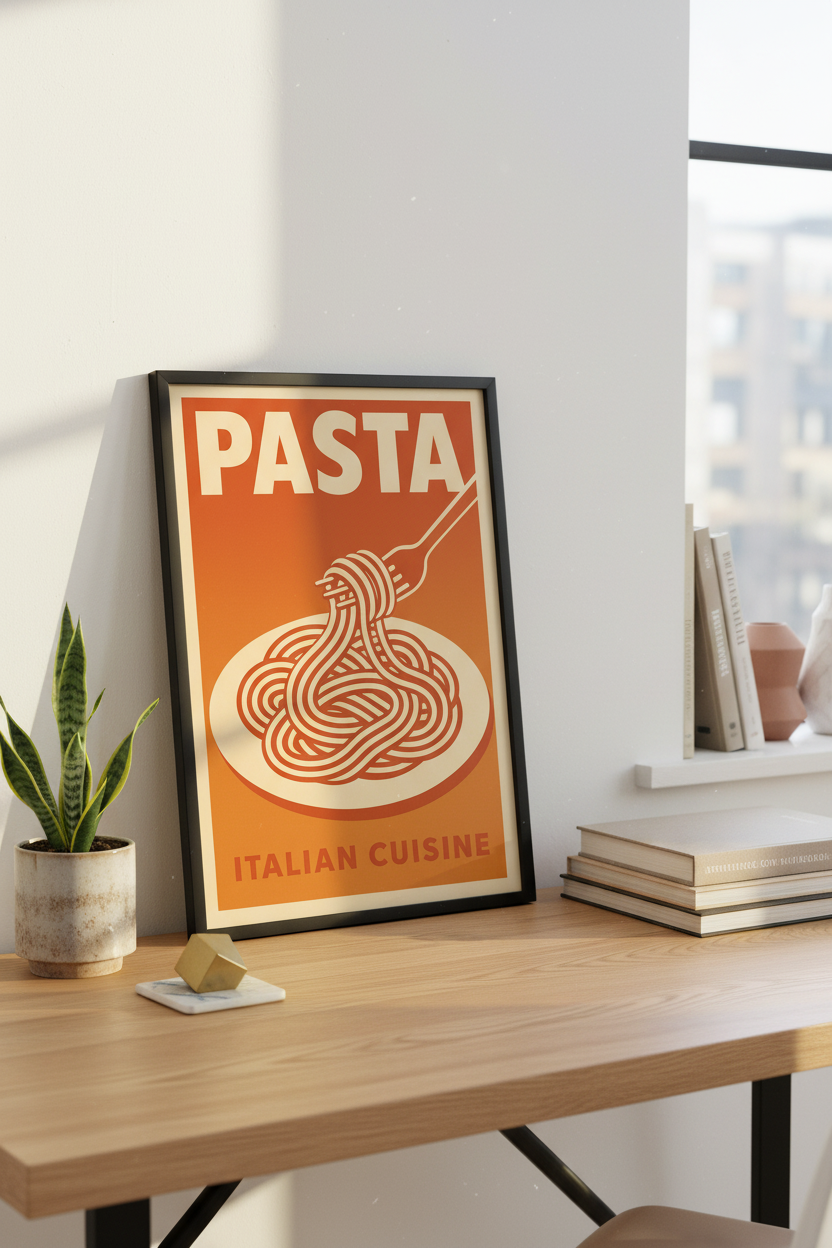 Pasta Italian Cuisine Wall Art Print - Retro Orange Food Poster, Kitchen Dining Room Decor, Unique Home Decor, Giclee Print